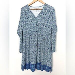 Coolibar Long Sleeve Blue Floral Dress V-neck Mini Sun Protection Beach Size XL‎